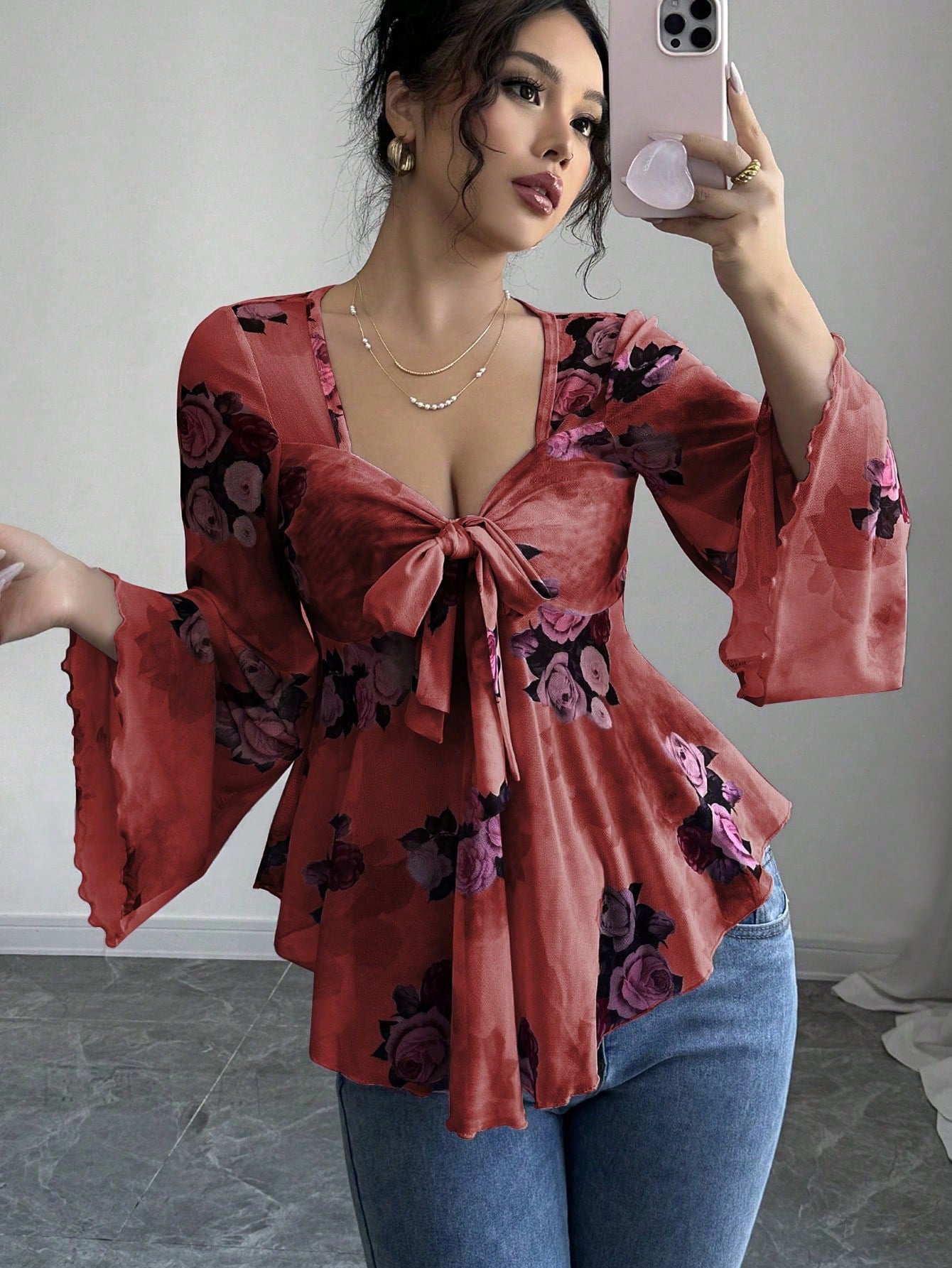 European And American Design Sense French Sweet Flower Blooming Lace-up Square Collar Long Sleeve Shirt