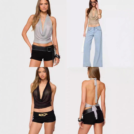 Hot Girl Glossy Knitted Pendant Collar Backless Top