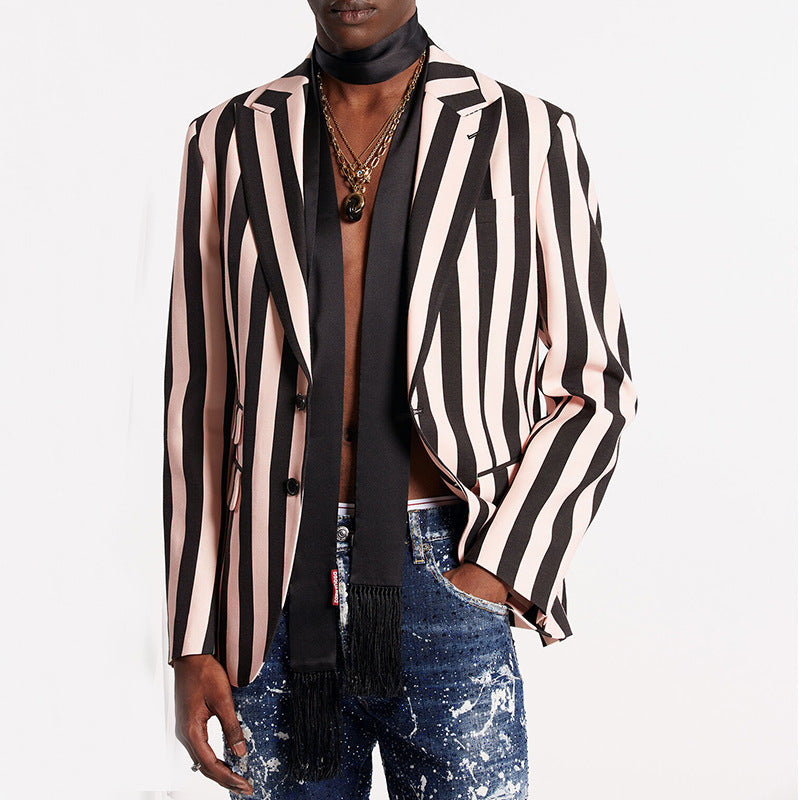 Men's Fashion Slim-fitting Loose Long-sleeved Jacket Striped Top