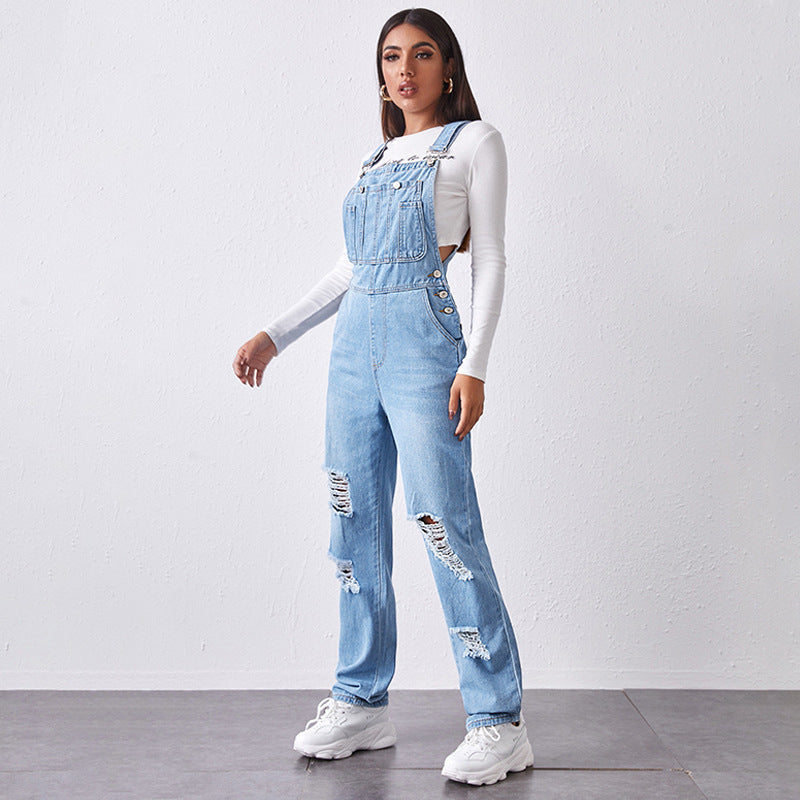 Jumpsuit Women's Fashion Denim Ripped Hole Cut Solid Color Overalls