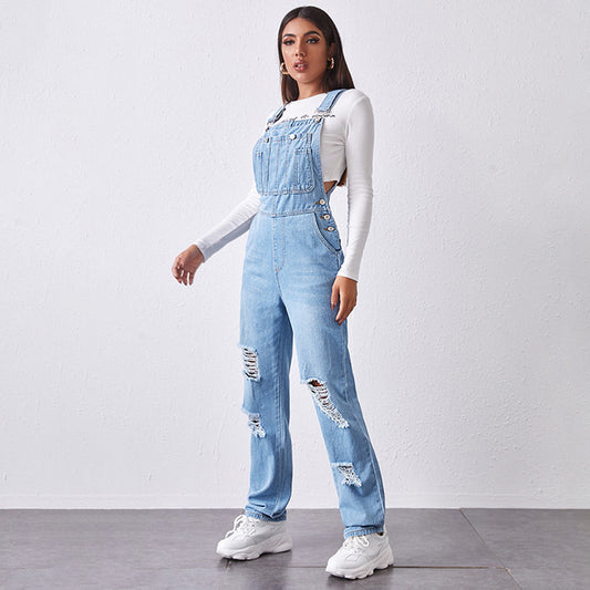Jumpsuit Women's Fashion Denim Ripped Hole Cut Solid Color Overalls