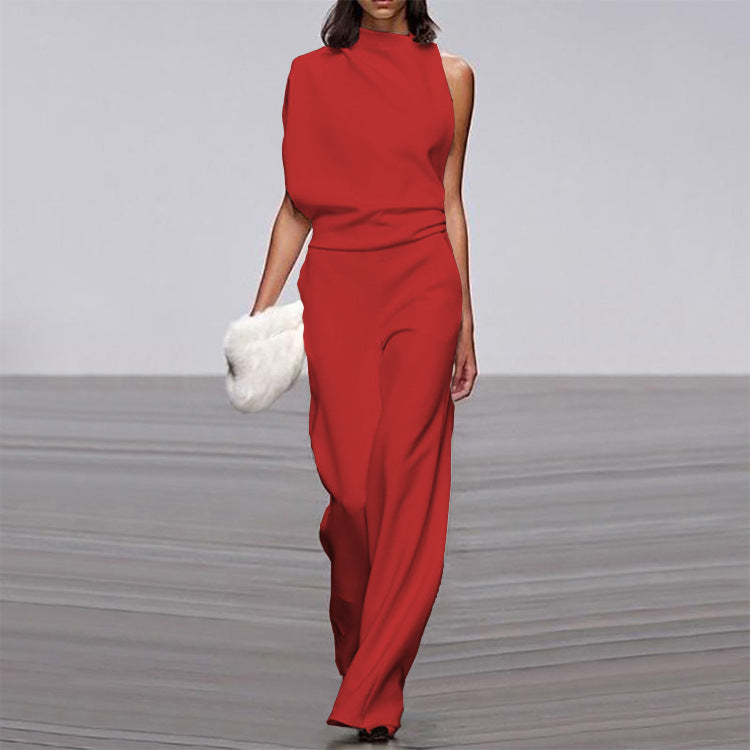 Solid Color One-shoulder Pile Neck Jumpsuit