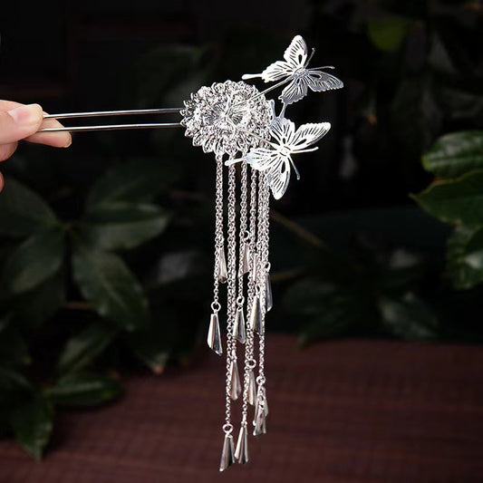 Retro Butterfly Tassel Hairpin Silver Simple Women