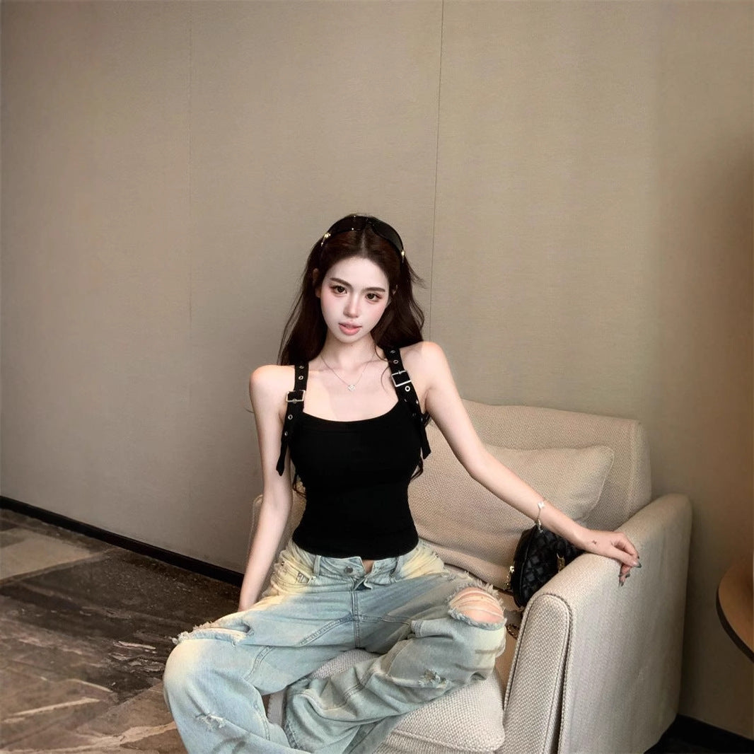 Pure And Alluring Black Adjustable-strap Camisole
