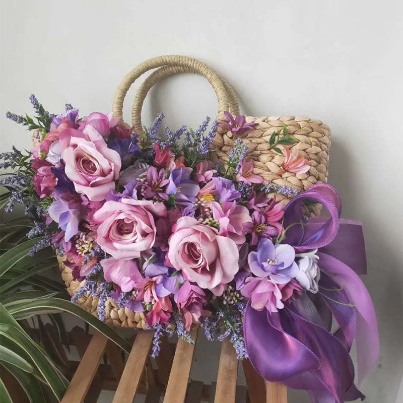 Ladies Fashion Raffia Purple Flower Straw Hat