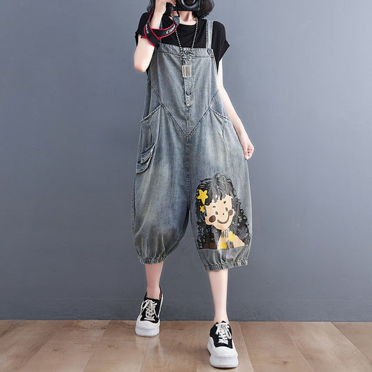 Women's Large Size Loose Thin Denim Overalls