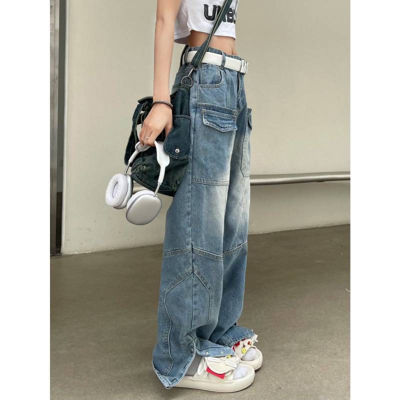 American Retro Multi Pocket Overalls Jeans For Women