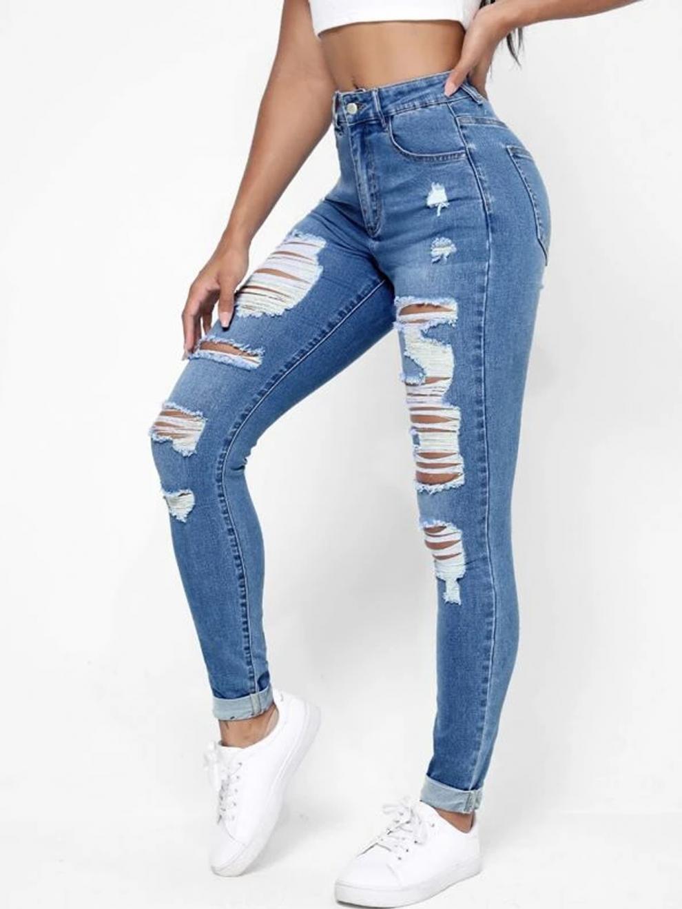 Skindbukser til damer med høj talje, slim fit, slankende huller, skinny bukser