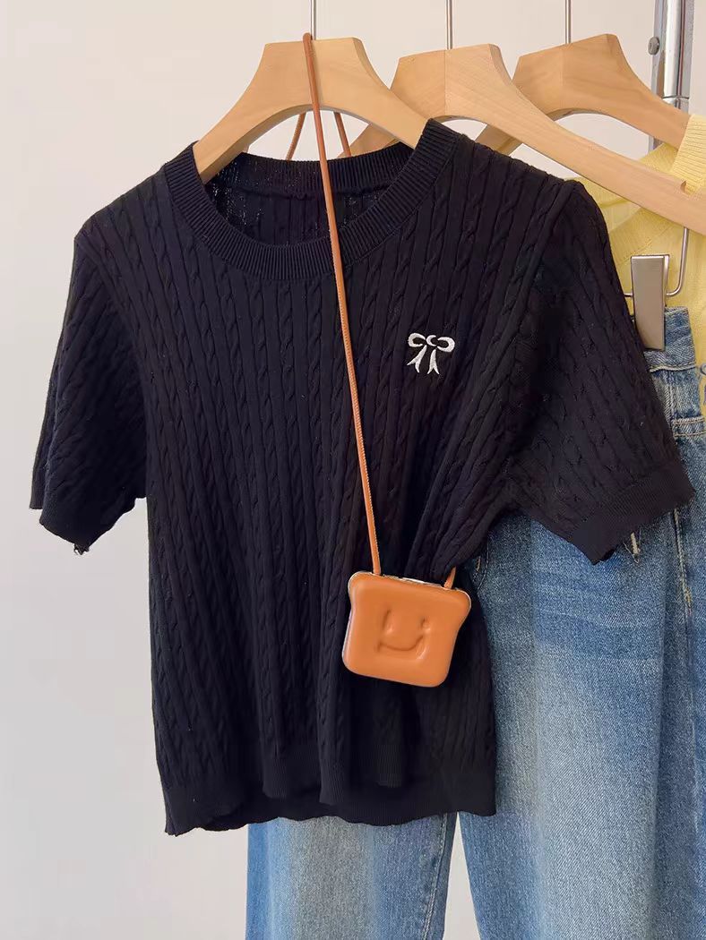 Twist Round Neck Embroidered Short-sleeved T-shirt Short Inner Sweater