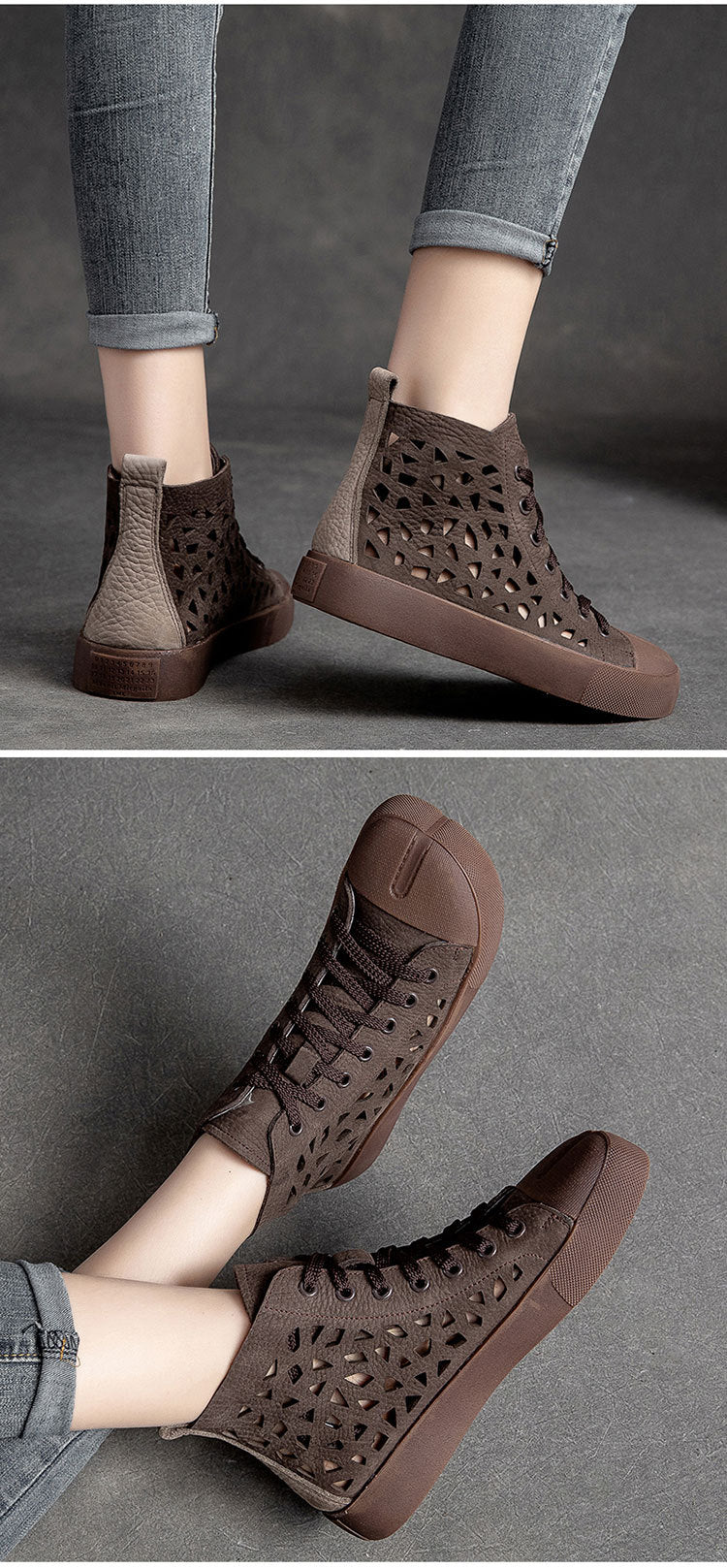 First Layer Cowhide Retro Rub Colored Hollow Square Toe British Sandals Boots
