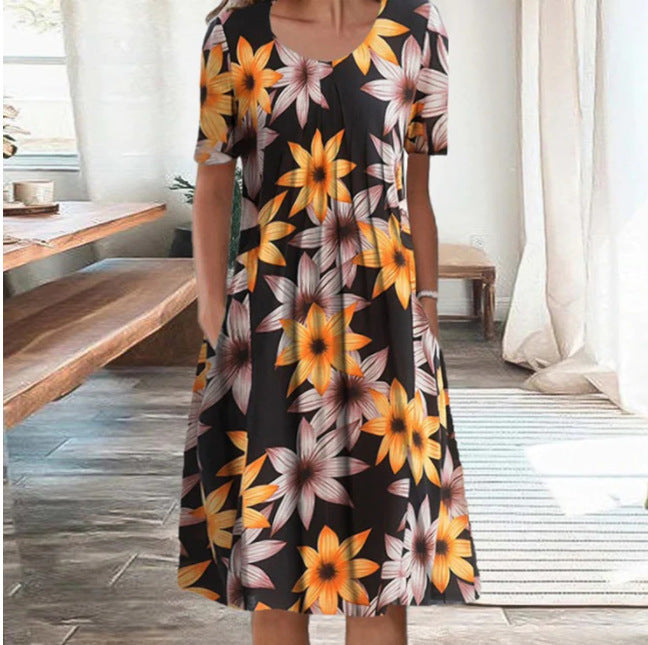 Spring And Summer Women's Elegant Large Swing Round Neck Printed Short Sleeve Dress