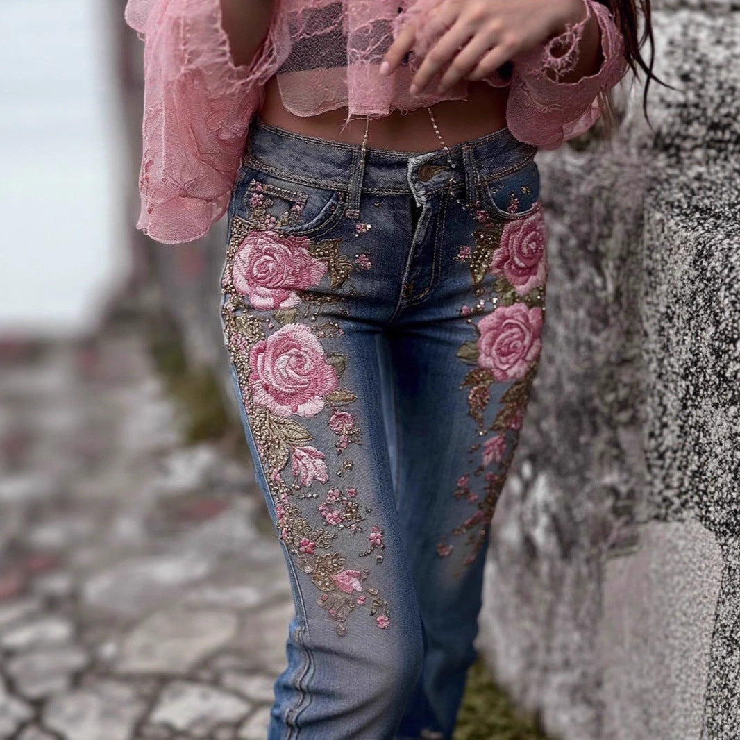 Womens Colorful Floral Faux Denim Pants
