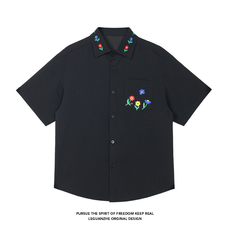 White Background Embroidered Handsome Short Sleeve Shirt
