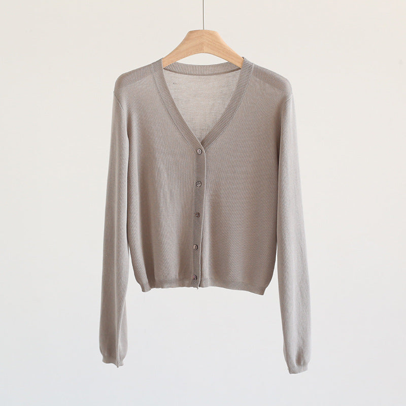 Spring And Summer V-neck Short Tencel Knitted Cardigan Pure Color All-matching