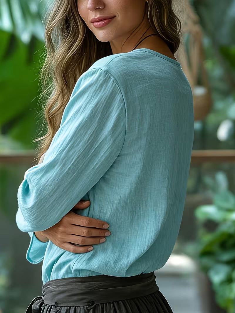 Loose Solid Color V-neck Nine Quarter Sleeved Cotton And Linen T-shirt