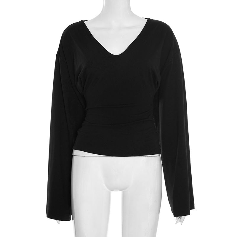 Summer And Autumn New Solid Color And V-neck Flared Long Sleeve Slim Fit