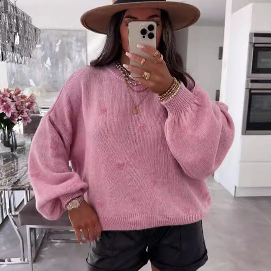 Female With Hearts Loose Sweater Pullover Long Sleeve Sweater