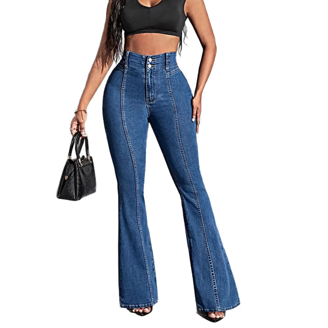 Front And Rear Stitching High Slimming Elastic Mid-waist Flared Jeans