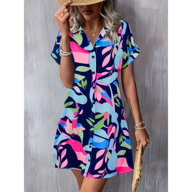 Fashionable Chic Commuter Short-Sleeve Printed Button-Up Dress For Women