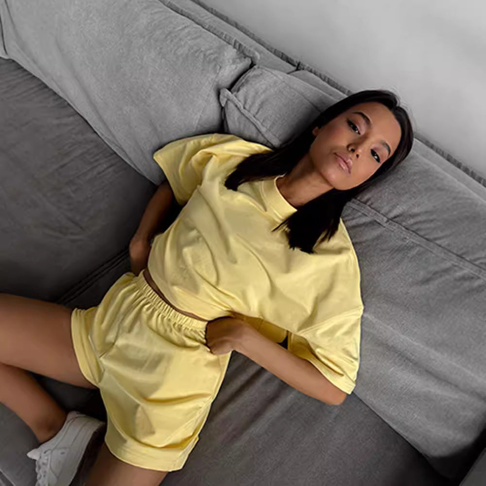 Casual Short-Sleeve Crew-Neck Top And Shorts Two-Piece Set