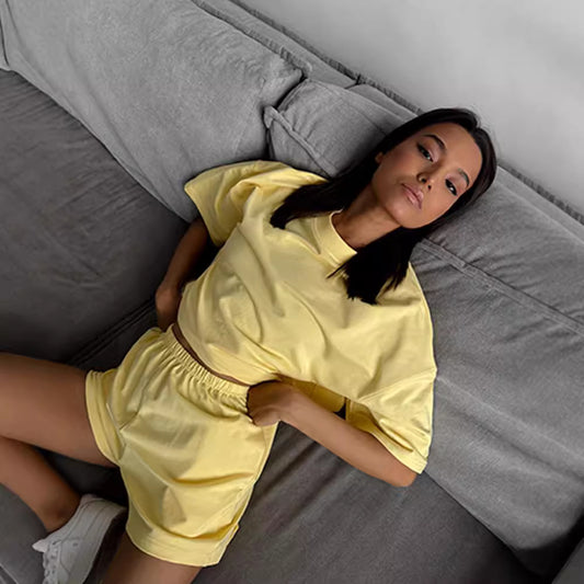 Casual Short-Sleeve Crew-Neck Top And Shorts Two-Piece Set