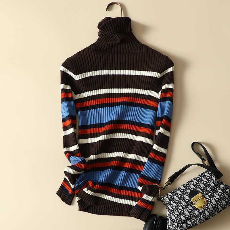 Color Striped Pullover Sweater Western Style Pile High Collar Slim Fit