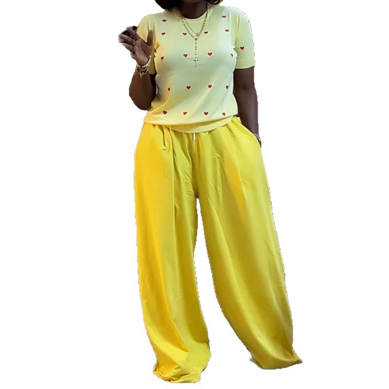 Crew-neck Heart-print Short-sleeve Top And Wide-leg Trousers Set