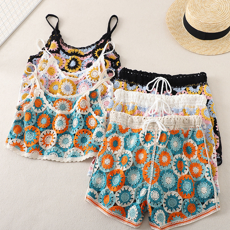 Top High Waist Embroidery Shorts Two-piece Set