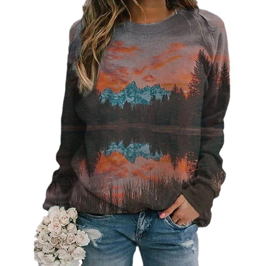 Landscape Flower Floral Print Long Sleeve Pullover