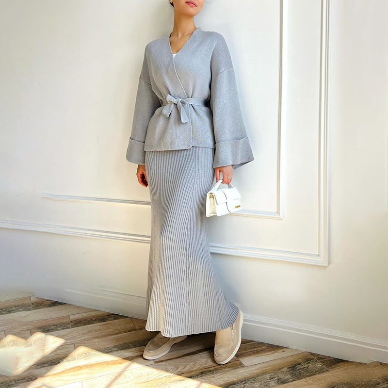 V-neck Tie-front Wide-sleeve High-waisted Skirt Set With An Elegant Vibe