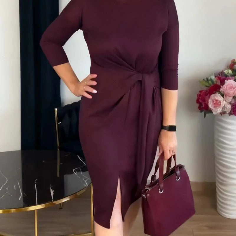 Bow-tie Strap Three-quarter Sleeve Crew-neck Dress