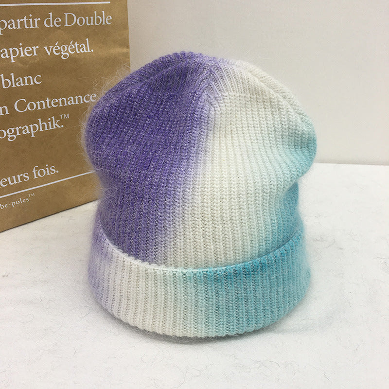 Tie Dyed Rabbit Hair Knitted Wool Hat Female