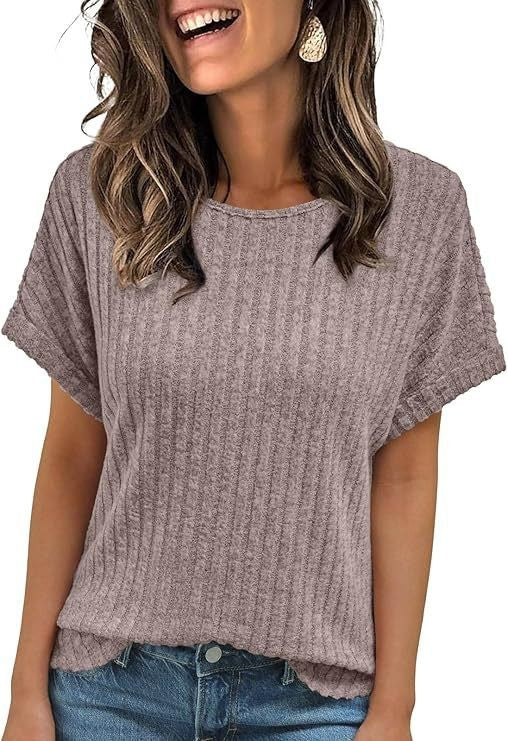Solid Color Round Neck Sunken Stripe Casual Short-sleeved T-shirt For Women