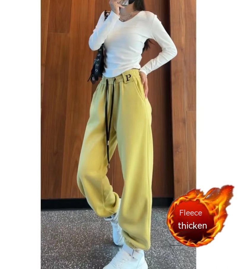New Letter Embroidery Candy Color Fleece-lined Thick Track Pants