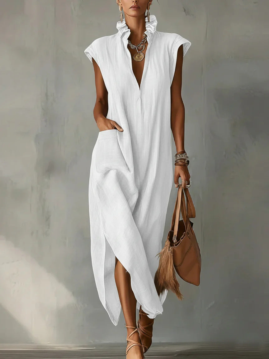 Women's Cotton-Linen Sleeveless Solid-Color Dress