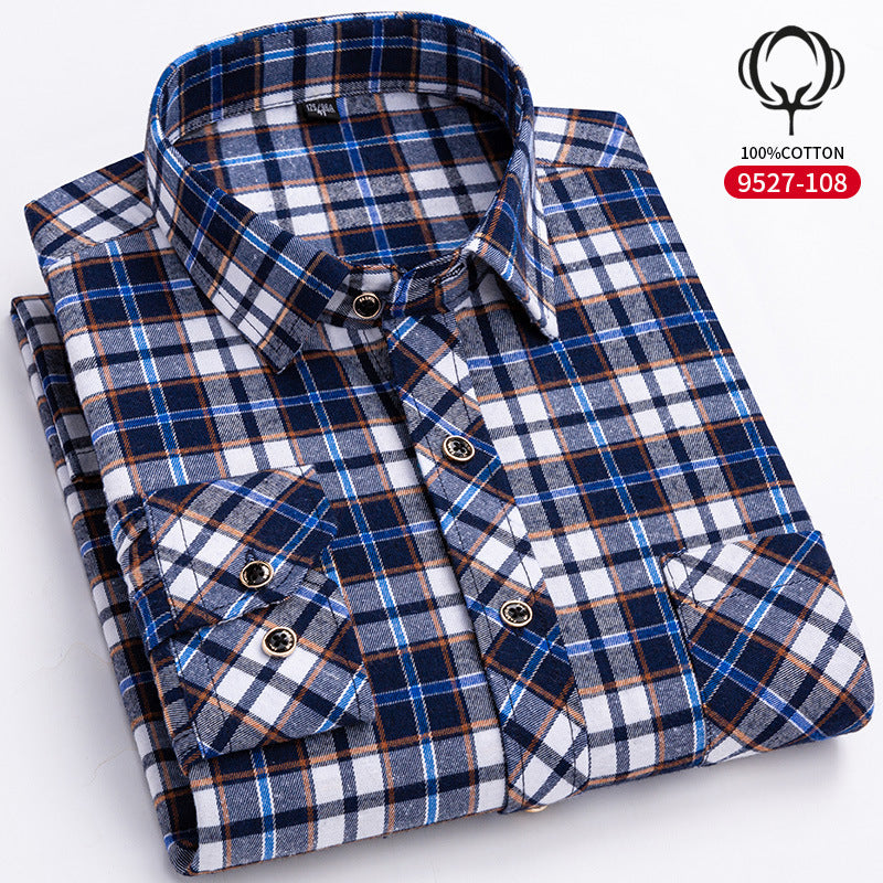 Mens Loose-fit Cotton Plaid Long-sleeve Shirt