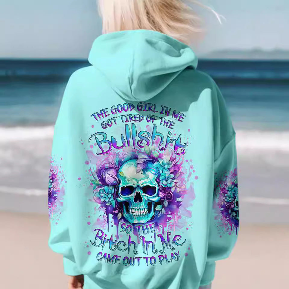 Women's Trendy Pullover Green Skull Hooded Sweater