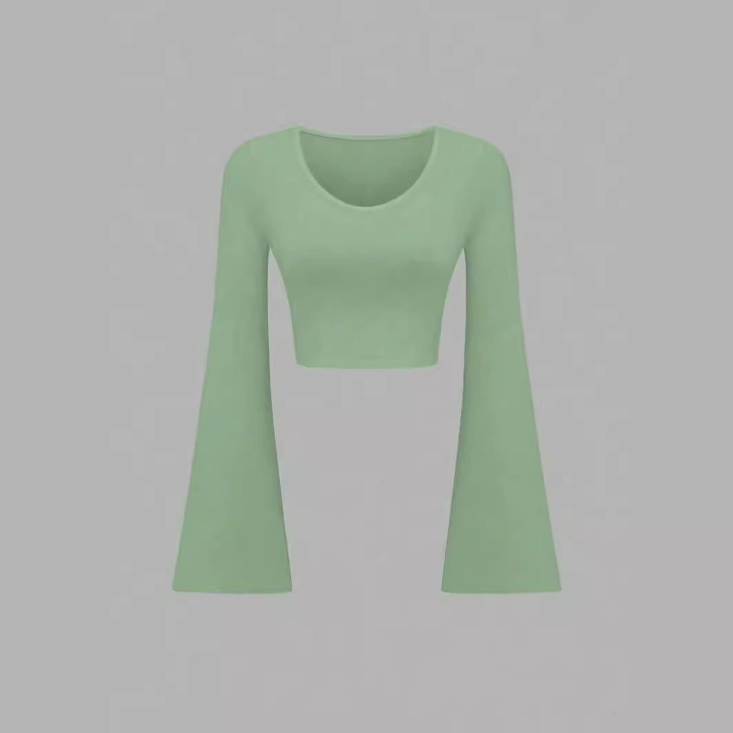 Fashion Solid Color Scoop Bell Sleeve Short Slim Fit Slimming T-shirt