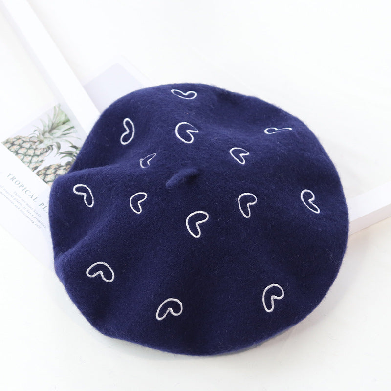 Stitched Ins Style Wool Knit Beret Women's Embroidered Hat