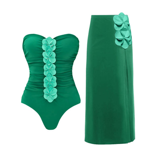 Green Bandeau One Piece Swimsuit With Wrap Skirt Set