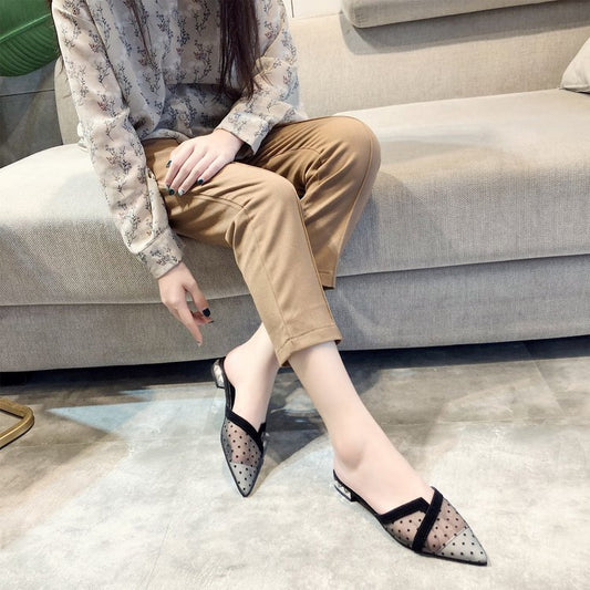Polka Dot Mesh Outer Wear Flat Slippers