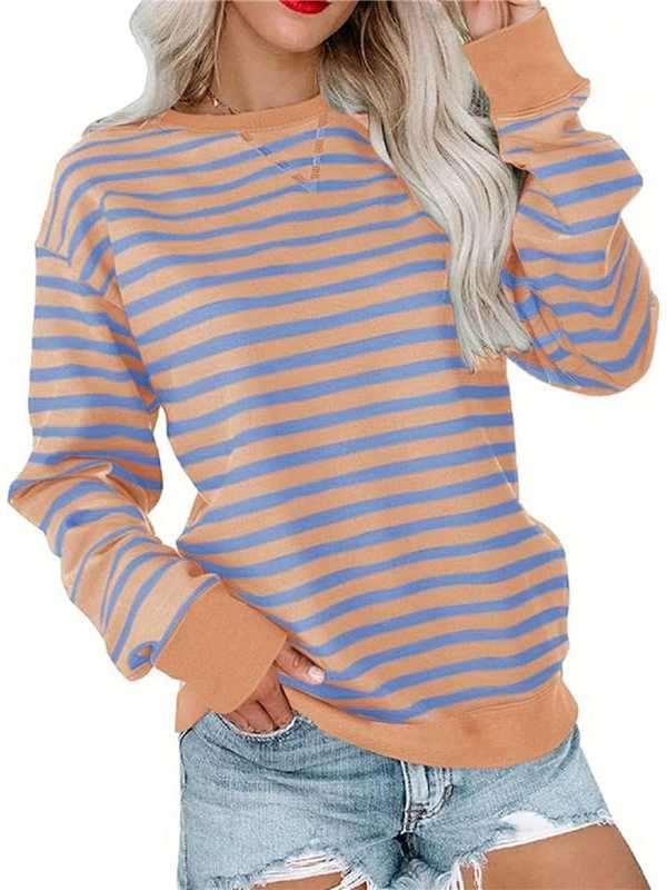 Women's Colorful Striped Round Neck Loose Sweatshirt