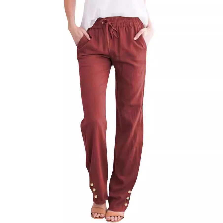 Solid Color Cotton And Linen Loose Drawstring Button Casual Wide-leg Trousers