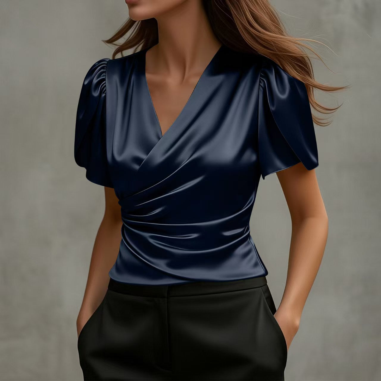 Women's Irregular Designer-Style Pleated Short-Sleeve Shirt