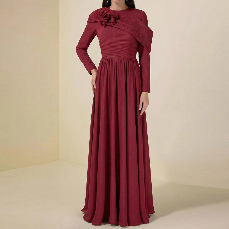 Round-neck Fitted-waist Patchwork Floral-patterned Solid Red Dress