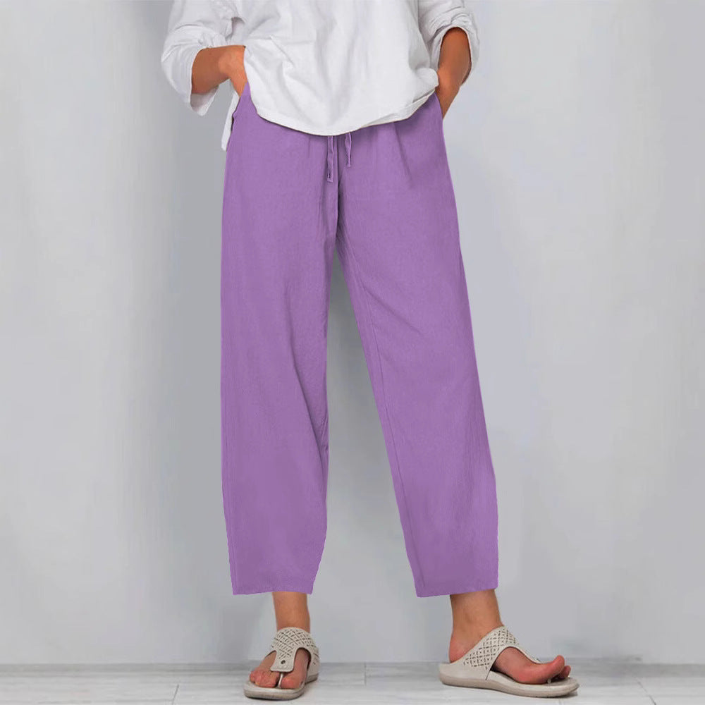 Elastic Waist Solid Color Cotton And Linen Wide Leg Casual Trousers