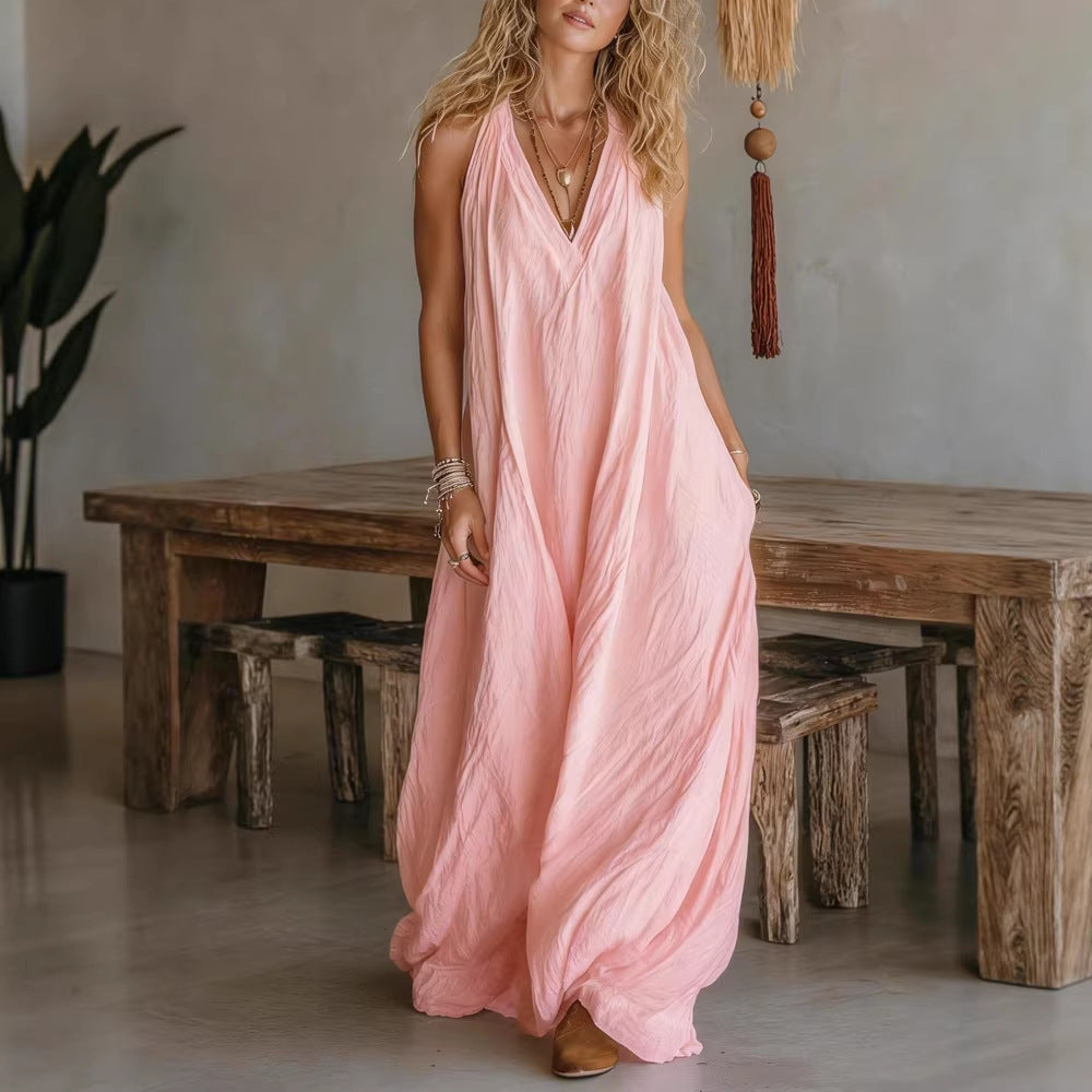 Casual Sleeveless Loose-fit Pocket Vest Maxi Dress