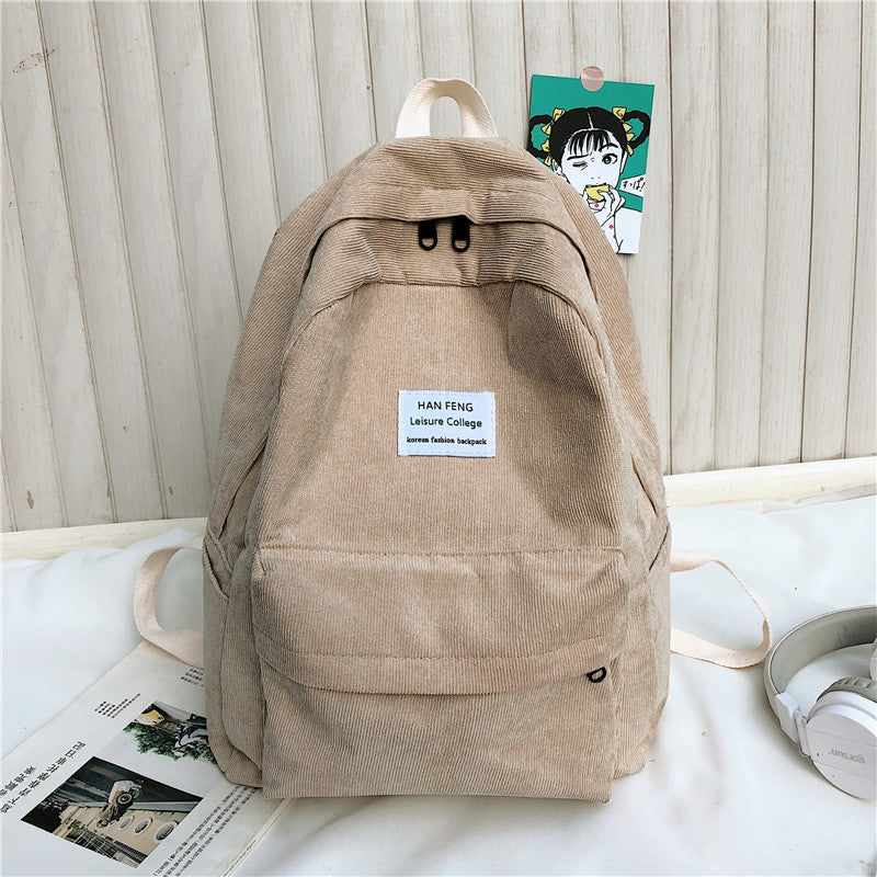 Versatile Simple Corduroy Backpack With Double Shoulders And Large Capacity
