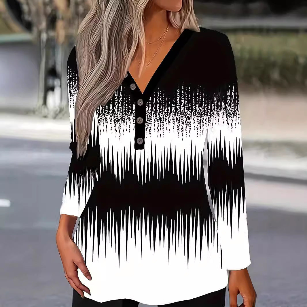 Color Matching Printed V-neck T-shirt Casual Long-sleeved Top