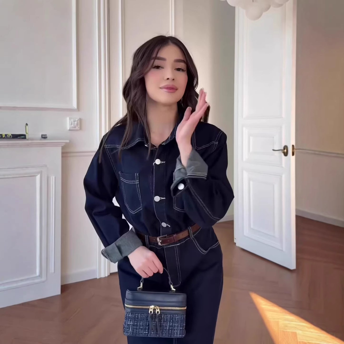 Retro Casual Long-sleeve Denim Maxi Dress